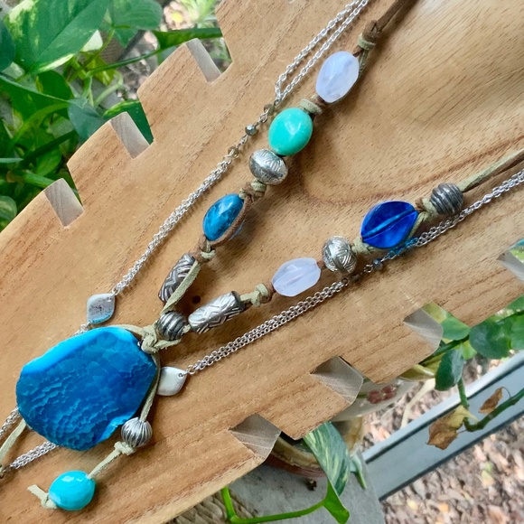 GENUINE STONE PENDANT BOHO CHIC LEATHER BEADED NECKLACE - NWOT - Picture 9 of 9